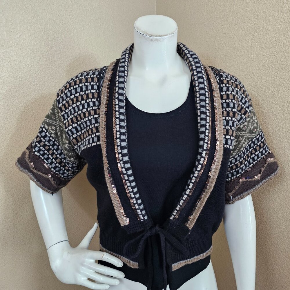 FRENCH CONNECTION Tie Front Wool Blend Short Sleeved Cardigan Sweater~Size S